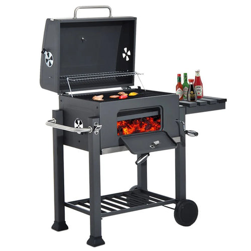 Barbecue a Carbone con Carrello – Include 2 Griglie, Ripiani con Ganci e Vassoio per Carbonella Regolabile - Charcoal Barbecue, Grill Cart, Includes 2 Grills, Shelves with Hooks, Adjustable Charcoal Tray, Barbecue Cart | Charcoal Grill
